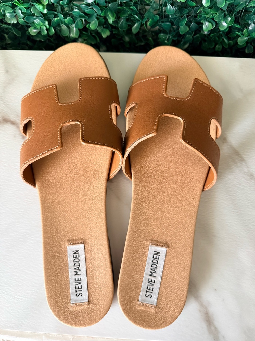Steve Madden Tan Brown Leather H Slide Sandals - Size 12